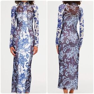 NWOT Significant Other Jean hibiscus blue printed mesh turtleneck bodycon dress